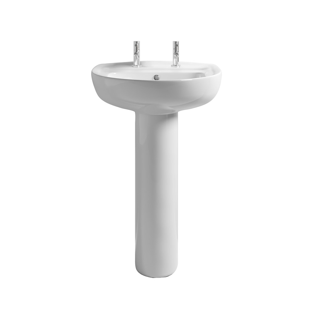 550mm 2 Tap-Hole Basin & Pedestal - Gloss White